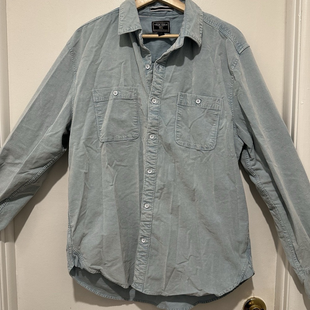 True Grit Grey/Light Blue Metal Button‎ Down Corduroy Shirt Size Large